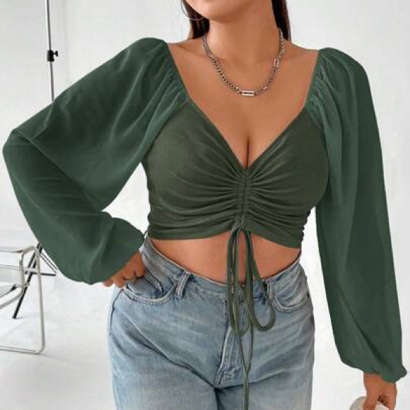 Tops - Dark Green Crop Top Scrunch Tie Long Puffer Sheer Sleeve